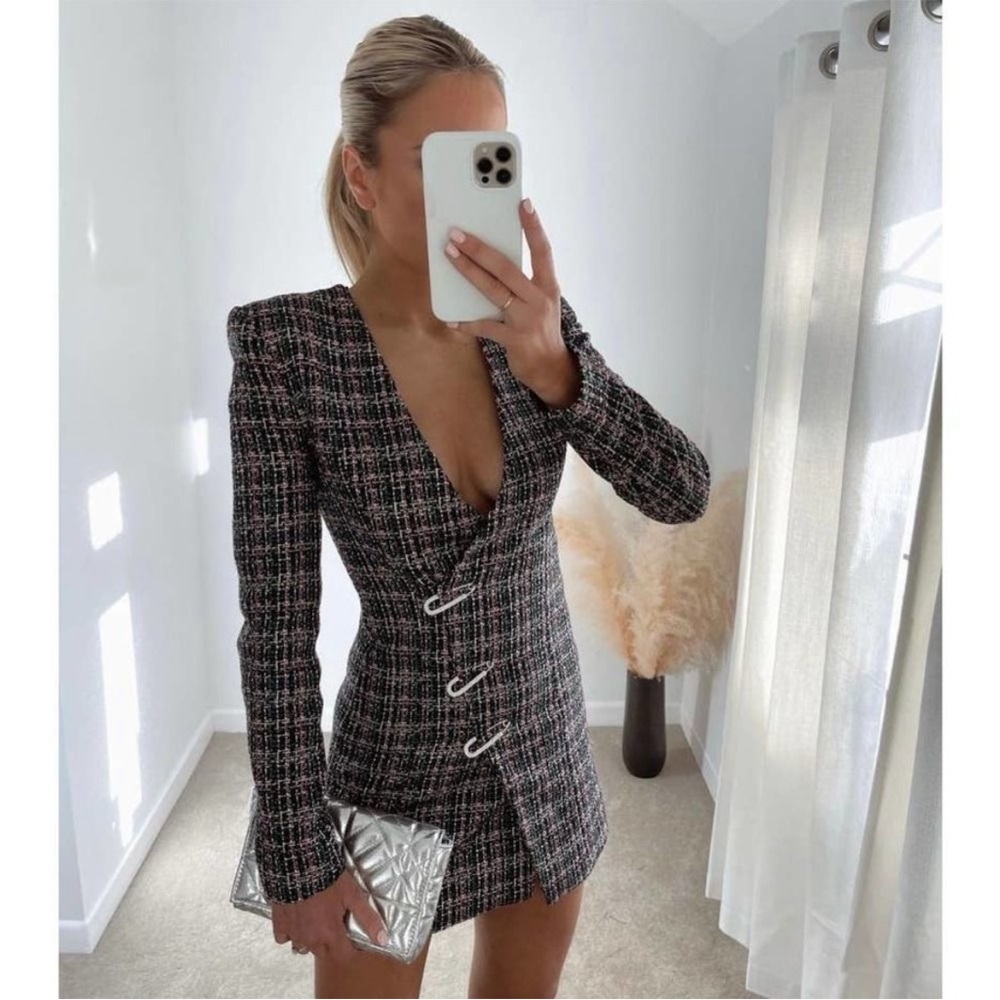 Zara Blazer Jacket Dress Tweed Wrap Style Pins Jewel Bloggers Fav